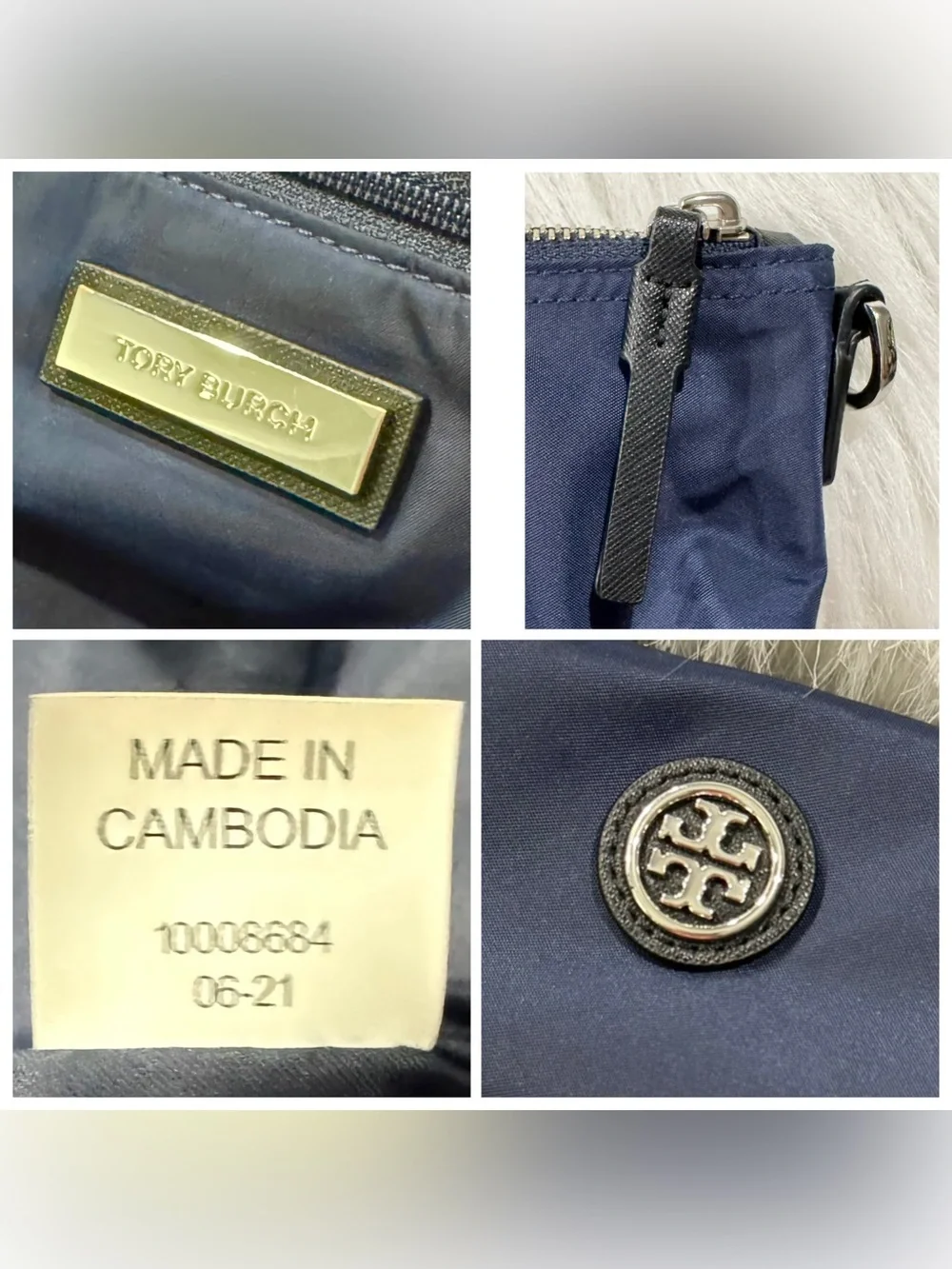 Tory Burch Navy Virginia Nylon Tote Zip Top Removable Canvas Strap EUC